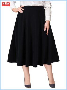 Plus Size Midi Skirt High Elastic Waist A-Line Flared with Pockets